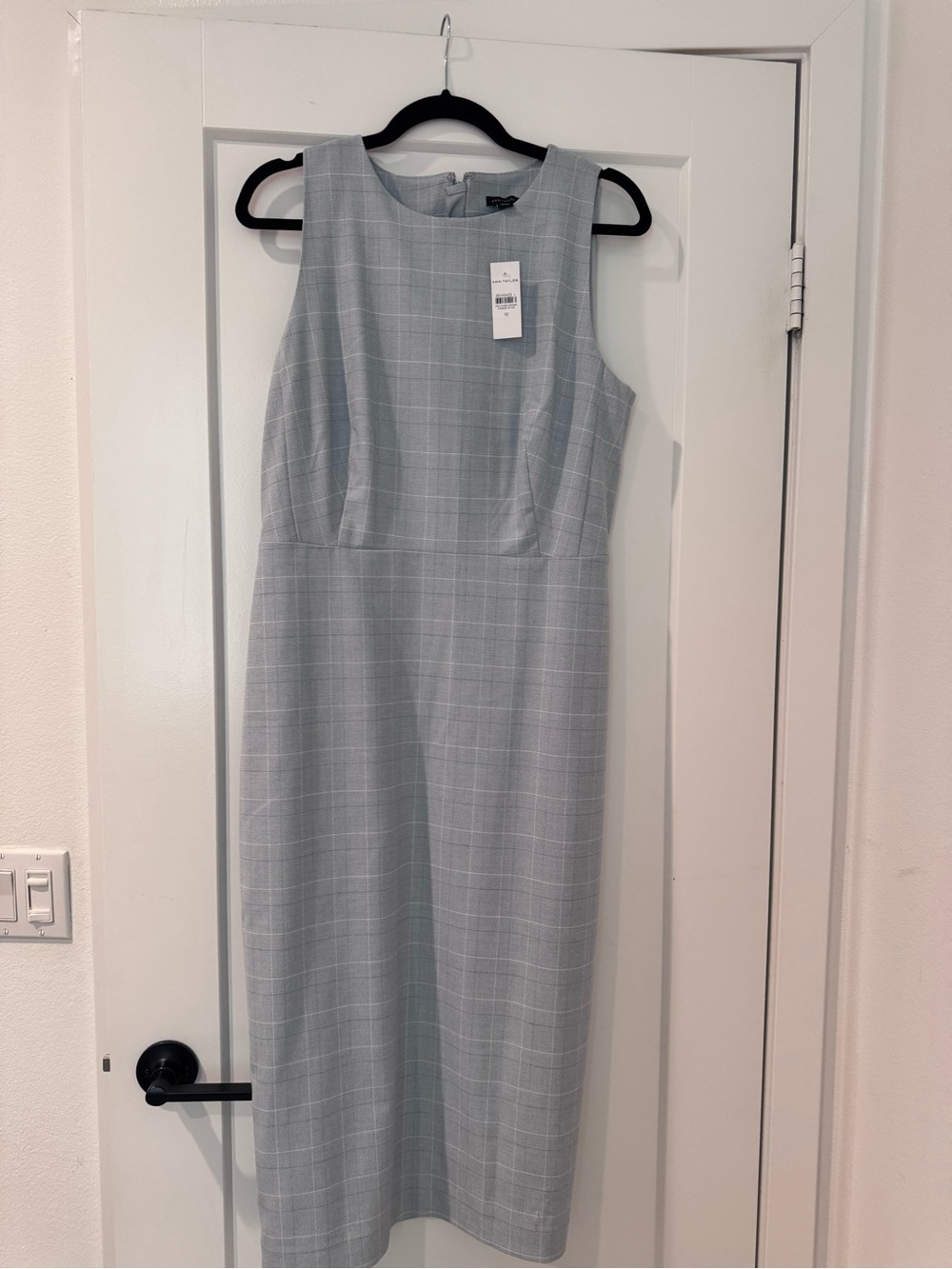 Sleeveless Light Blue Windowpane Sheath Dress